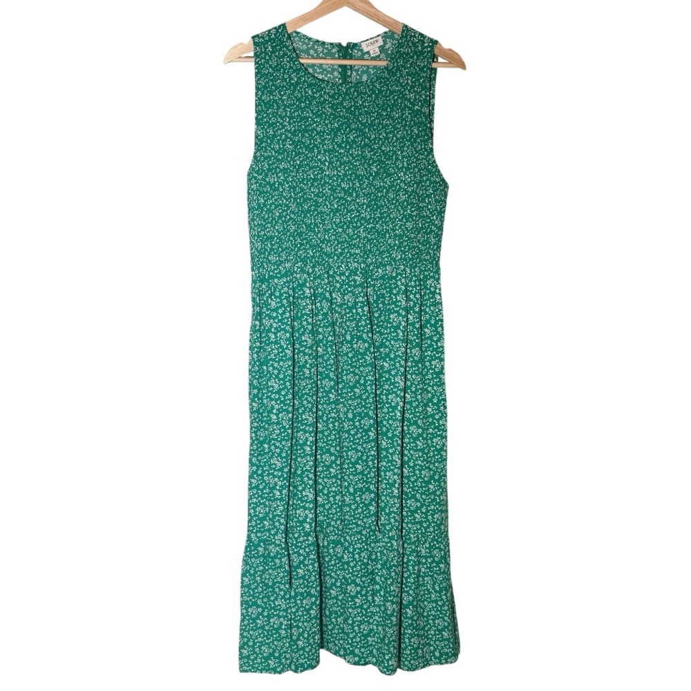 NWOT J. Crew Green and White Smocked Floral Midi Dress